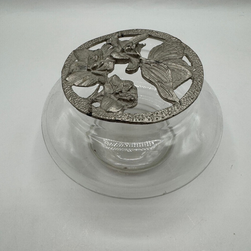 Rose Bowl Vase Clear Silver Butterfly Flower Frog Lid Made in India Potpourri